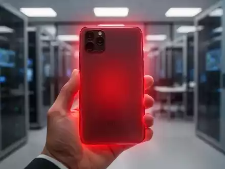 Ein Smartphone mit rotem Hitzeschimmer in einer Hand, im Hintergrund ein unscharfes Büro oder Rechenzentrum. - Foto: über boerse-global.de