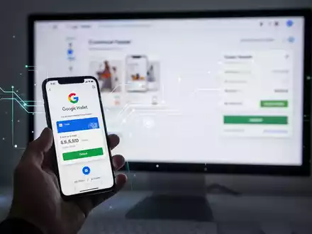 A hand holds a smartphone displaying Google Wallet, with a blurred desktop computer checkout screen in the background. Digital connections link them. - Foto: über boerse-global.de