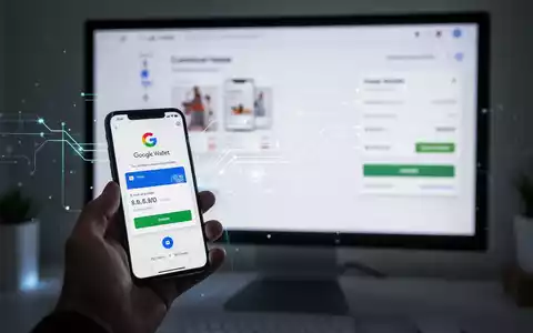 A hand holds a smartphone displaying Google Wallet, with a blurred desktop computer checkout screen in the background. Digital connections link them. - Foto: über boerse-global.de