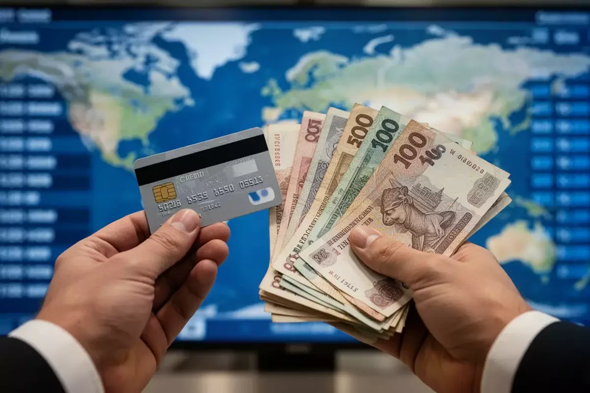 International Travel Security: Protecting Credit Cards and Foreign Currency on a World Map
