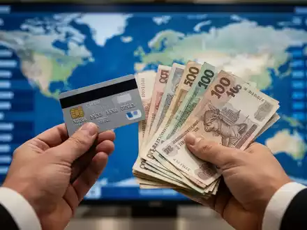 Hände halten Kreditkarte und verschiedene internationale Banknoten vor verschwommenem Hintergrund einer Weltkarte oder Anzeigetafel. - Foto: über boerse-global.de