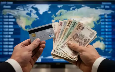 Hände halten Kreditkarte und verschiedene internationale Banknoten vor verschwommenem Hintergrund einer Weltkarte oder Anzeigetafel. - Foto: über boerse-global.de