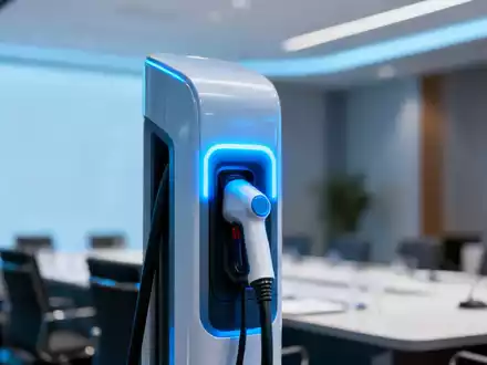 Nahaufnahme einer futuristischen Wasserstoff-Brennstoffzelle mit blauem Licht vor einem verschwommenen Konferenzraum in München. - Foto: über boerse-global.de