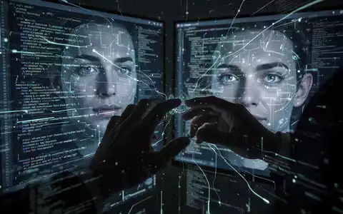 Hände manipulieren digitale Bildschirme, auf denen verzerrte Gesichter und Code erscheinen, symbolisiert KI-Betrug und Deepfakes. - Foto: über boerse-global.de