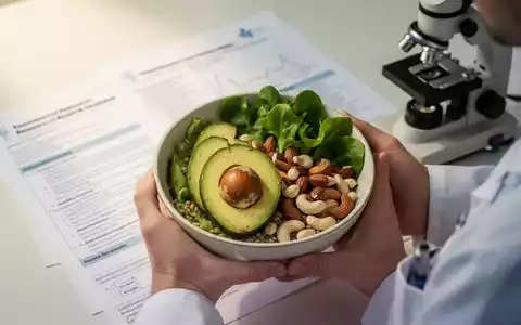 Hände halten eine Schale mit ketogener Nahrung, im Hintergrund unscharf wissenschaftliche Dokumente und ein Mikroskop. - Foto: über boerse-global.de