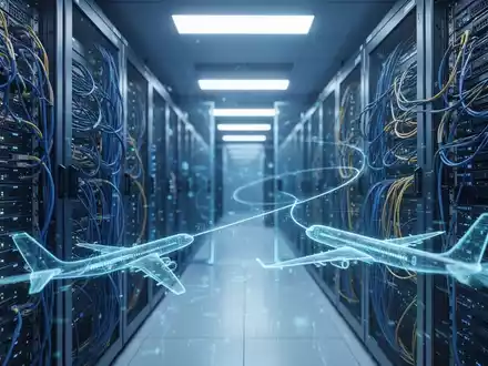 Ein futuristisches Rechenzentrum mit blauer Beleuchtung und Netzwerkkabeln, das Cybersicherheit im Luftfahrtsektor symbolisiert. - Foto: über boerse-global.de