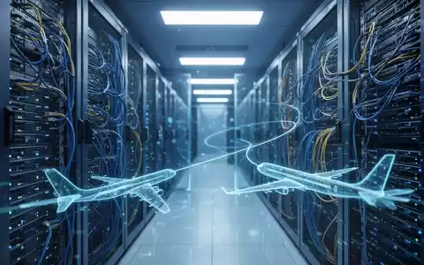 Ein futuristisches Rechenzentrum mit blauer Beleuchtung und Netzwerkkabeln, das Cybersicherheit im Luftfahrtsektor symbolisiert. - Foto: über boerse-global.de