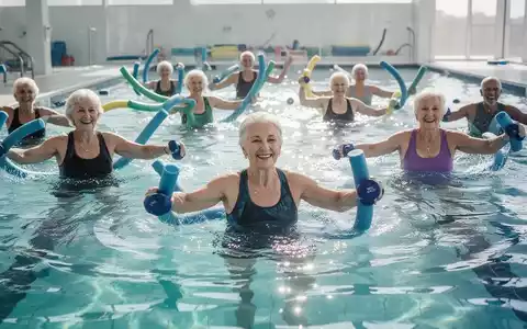 Senioren und Erwachsene bei einer Aquafitness-Therapie im Schwimmbad, lachend und mit Schaumstoffnudeln trainierend. - Foto: über boerse-global.de