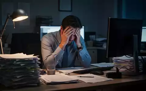 Ein erschöpfter Büroangestellter sitzt nachts an einem Schreibtisch mit Papierkram und leuchtendem Bildschirm und hält den Kopf in den Händen. - Foto: über boerse-global.de