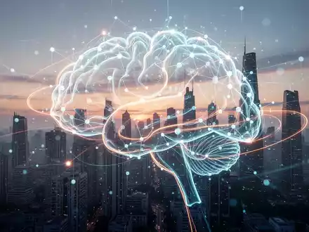 Eine futuristische Grafik eines menschlichen Gehirns, das aus leuchtenden digitalen Linien und Knoten besteht, vor einem ruhigen Stadtbild bei Sonnenaufgang. - Foto: über boerse-global.de