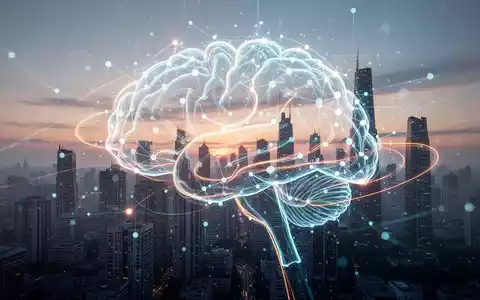 Eine futuristische Grafik eines menschlichen Gehirns, das aus leuchtenden digitalen Linien und Knoten besteht, vor einem ruhigen Stadtbild bei Sonnenaufgang. - Foto: über boerse-global.de
