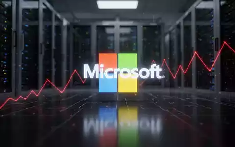 Microsoft logo on a dark surface with red lines, symbolizing stock decline. Background shows data center servers. - Foto: über boerse-global.de