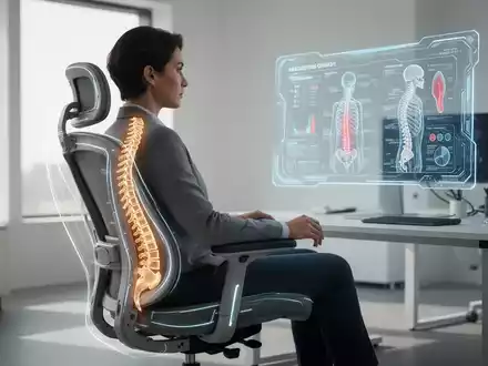 Eine Person sitzt in einem modernen, ergonomischen Bürostuhl mit futuristischen Bildschirmen im Hintergrund, die Gesundheitstechnologie darstellen. - Foto: über boerse-global.de