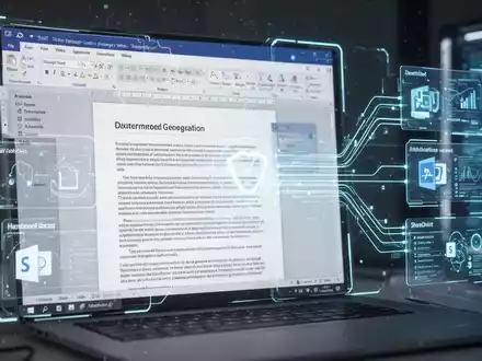 A glowing, futuristic digital interface displaying AI-powered document generation within a Microsoft Word template, connected to a SharePoint library. - Foto: über boerse-global.de