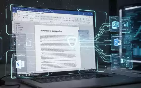 A glowing, futuristic digital interface displaying AI-powered document generation within a Microsoft Word template, connected to a SharePoint library. - Foto: über boerse-global.de