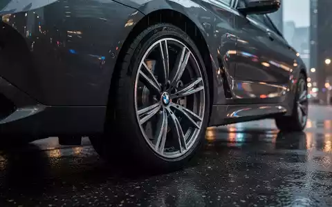 Ein Nahaufnahme-Foto eines BMW-Reifens auf nasser Straße, der entfernte Stadtlichter widerspiegelt. Die Stimmung ist gedämpft. - Foto: über boerse-global.de