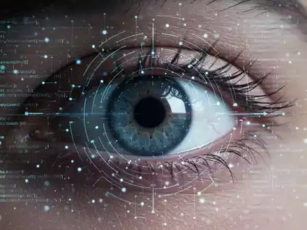 A close-up digital biometric scan of an eye with data points, symbolizing AI, privacy, and security measures. - Foto: über boerse-global.de
