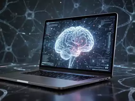 A futuristic laptop screen showing an abstract, glowing AI interface with neural network patterns, representing advanced AI integration. - Foto: über boerse-global.de