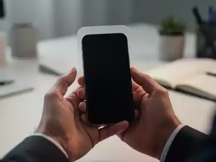 Hände halten ein ausgeschaltetes Smartphone vor einem unscharfen, ruhigen Hintergrund eines minimalistischen Arbeitsplatzes. - Foto: über boerse-global.de