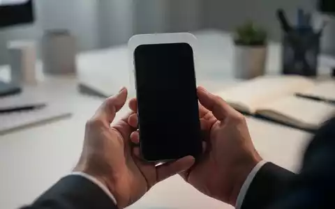 Hände halten ein ausgeschaltetes Smartphone vor einem unscharfen, ruhigen Hintergrund eines minimalistischen Arbeitsplatzes. - Foto: über boerse-global.de