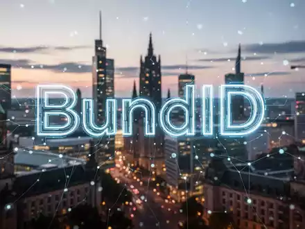 A glowing, stylized 'BundID' logo overlays a blurred modern German city skyline at dusk, symbolizing digital public administration. - Foto: über boerse-global.de