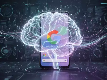 A stylized glowing AI brain in the shape of a Google Pixel phone, surrounded by digital data streams, against a futuristic tech background. - Foto: über boerse-global.de