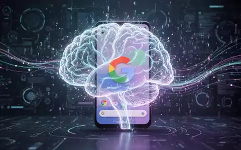 A stylized glowing AI brain in the shape of a Google Pixel phone, surrounded by digital data streams, against a futuristic tech background. - Foto: über boerse-global.de