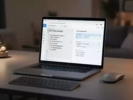 A modern desk with a laptop displaying a local-first task management application, emphasizing privacy and a clutter-free workspace. - Foto: über boerse-global.de