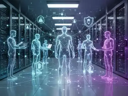 A network of glowing, abstract digital worker silhouettes collaborating in a high-tech data center, illustrating AI agent skill labs. - Foto: über boerse-global.de