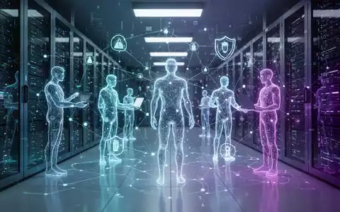 A network of glowing, abstract digital worker silhouettes collaborating in a high-tech data center, illustrating AI agent skill labs. - Foto: über boerse-global.de
