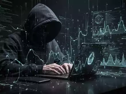 Eine Person im Kapuzenpullover tippt auf einem Laptop, umgeben von digitalen Linien und Datenvisualisierungen, die Cyberbedrohungen darstellen. - Foto: über boerse-global.de