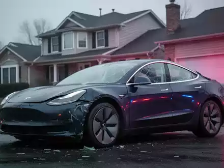 A damaged Tesla Model 3 against a suburban house, reflecting emergency lights, under an overcast sky. - Foto: über boerse-global.de