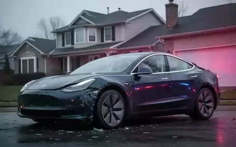 A damaged Tesla Model 3 against a suburban house, reflecting emergency lights, under an overcast sky. - Foto: über boerse-global.de