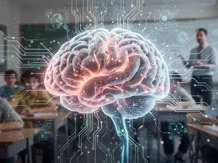 Eine stilisierte Gehirnstruktur, die mit digitalen Datenströmen und Schaltkreiselementen verschmilzt, im Hintergrund ein Klassenzimmer. - Foto: über boerse-global.de