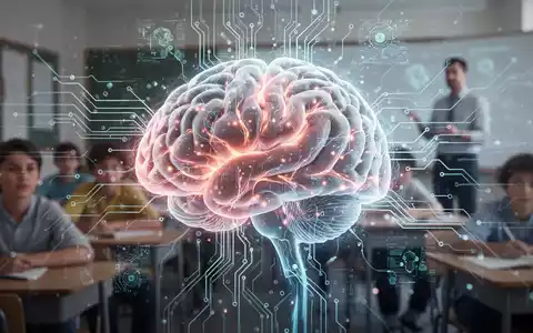 Eine stilisierte Gehirnstruktur, die mit digitalen Datenströmen und Schaltkreiselementen verschmilzt, im Hintergrund ein Klassenzimmer. - Foto: über boerse-global.de