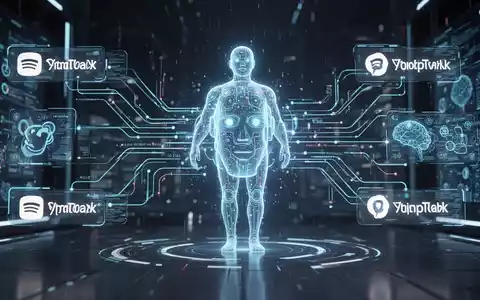 A glowing, abstract AI agent icon at the center of a futuristic digital interface, with data streams connecting various platforms. - Foto: über boerse-global.de