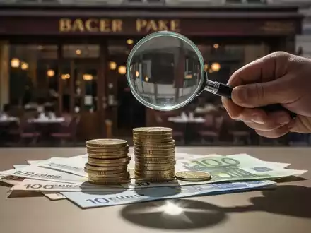 Eine Hand hält eine Lupe über einen Stapel Euro-Münzen und -Scheine. Im Hintergrund ist eine unscharfe Restaurantfassade zu sehen. - Foto: über boerse-global.de