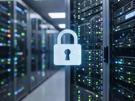 Eine Nahaufnahme eines leuchtenden Servers in einem Rechenzentrum mit einem digitalen Vorhängeschloss-Symbol, das Datensicherheit darstellt. - Foto: über boerse-global.de