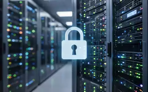 Eine Nahaufnahme eines leuchtenden Servers in einem Rechenzentrum mit einem digitalen Vorhängeschloss-Symbol, das Datensicherheit darstellt. - Foto: über boerse-global.de