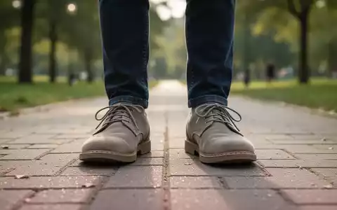 Nahaufnahme von Füßen in bequemen Schuhen, die still auf einem Gehweg stehen, mit einem unscharfen Park im Hintergrund. - Foto: über boerse-global.de