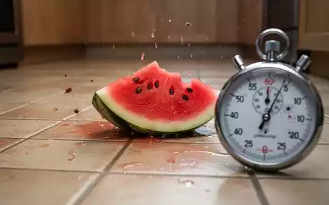 Eine Scheibe Wassermelone liegt auf einem gefliesten Küchenboden, daneben eine unscharfe Stoppuhr, die eine sehr kurze Zeit anzeigt. - Foto: über boerse-global.de