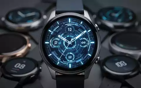 A close-up of a modern smartwatch face with a futuristic UI, surrounded by blurred, older smartwatches. - Foto: über boerse-global.de
