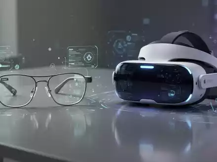 A sleek pair of AR smart glasses next to a bulkier VR-style headset, representing Snap Specs and Apple Vision Pro. - Foto: über boerse-global.de
