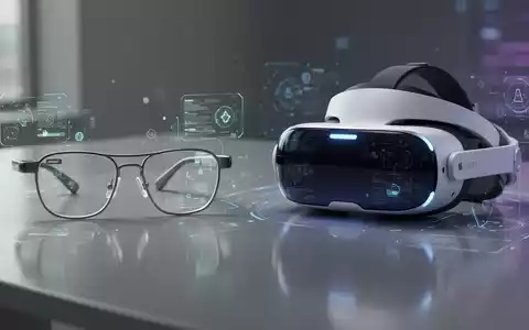A sleek pair of AR smart glasses next to a bulkier VR-style headset, representing Snap Specs and Apple Vision Pro. - Foto: über boerse-global.de