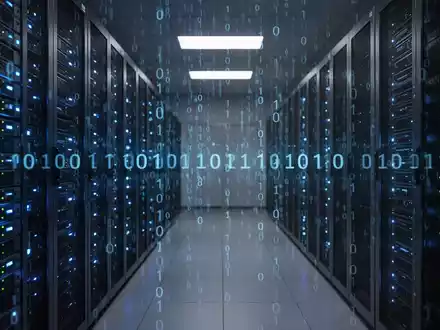 A server room with glowing blue lights, binary code overlay, symbolizing data security and technological transition. - Foto: über boerse-global.de