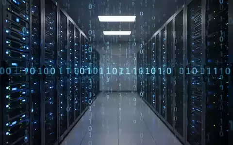 A server room with glowing blue lights, binary code overlay, symbolizing data security and technological transition. - Foto: über boerse-global.de