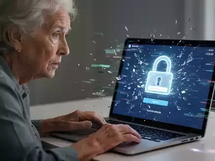 Ältere australische Person mit besorgtem Blick auf einen Laptop-Bildschirm, der eine gestörte Anmeldeseite anzeigt. - Foto: über boerse-global.de
