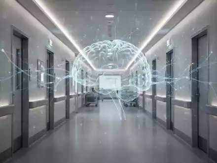 Ein moderner, heller Krankenhausflur mit indirekter Beleuchtung und einer subtilen digitalen Überlagerung von neuronalen Netzwerken. - Foto: über boerse-global.de
