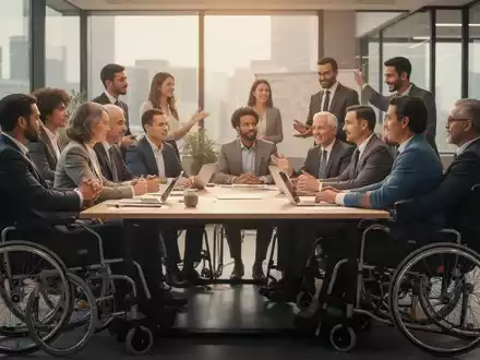 Eine vielfältige Gruppe von Fachleuten in einem modernen Büro, einige mit sichtbaren Behinderungen, in einer Besprechung. - Foto: über boerse-global.de