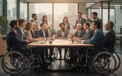 Eine vielfältige Gruppe von Fachleuten in einem modernen Büro, einige mit sichtbaren Behinderungen, in einer Besprechung. - Foto: über boerse-global.de